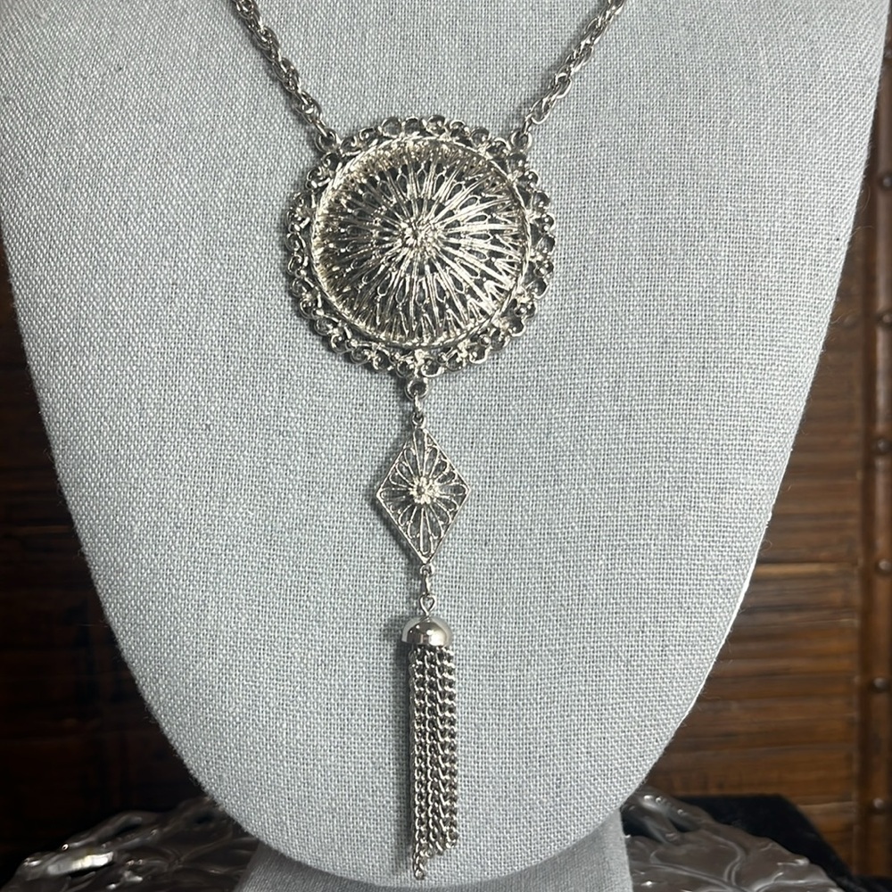 Vintage Lisner Signed Large Medallion Tassel Pendant Necklace